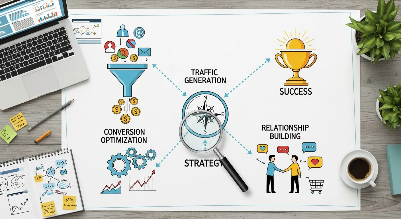 Illustration of a content creator brainstorming niche ideas with a laptop and sticky notes