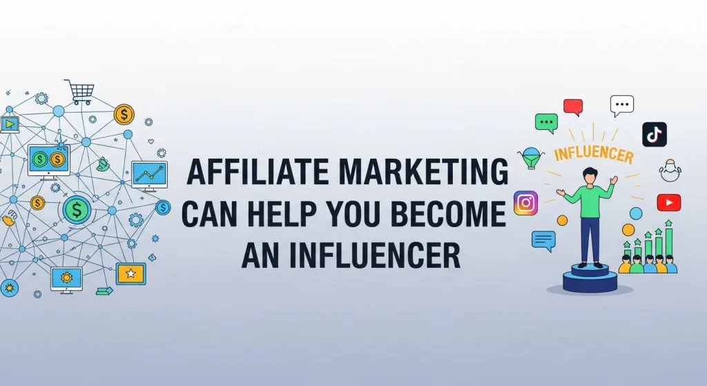 An influencer creating content with affiliate marketing tools, showcasing products, and engaging with their audience online