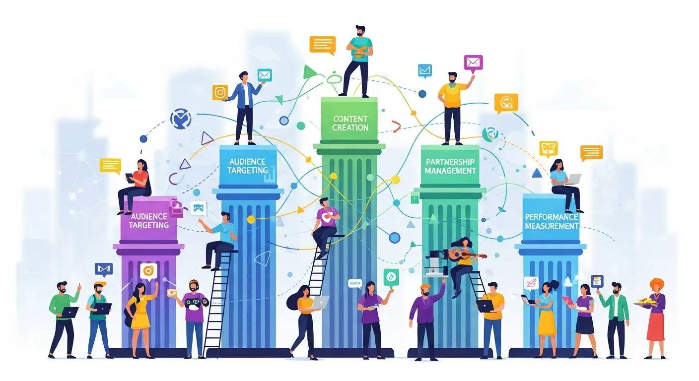 A comparison chart showcasing influencer tiers, from nano to mega-influencers, with examples of their follower counts, engagement rates, and best use cases for marketing strategies.