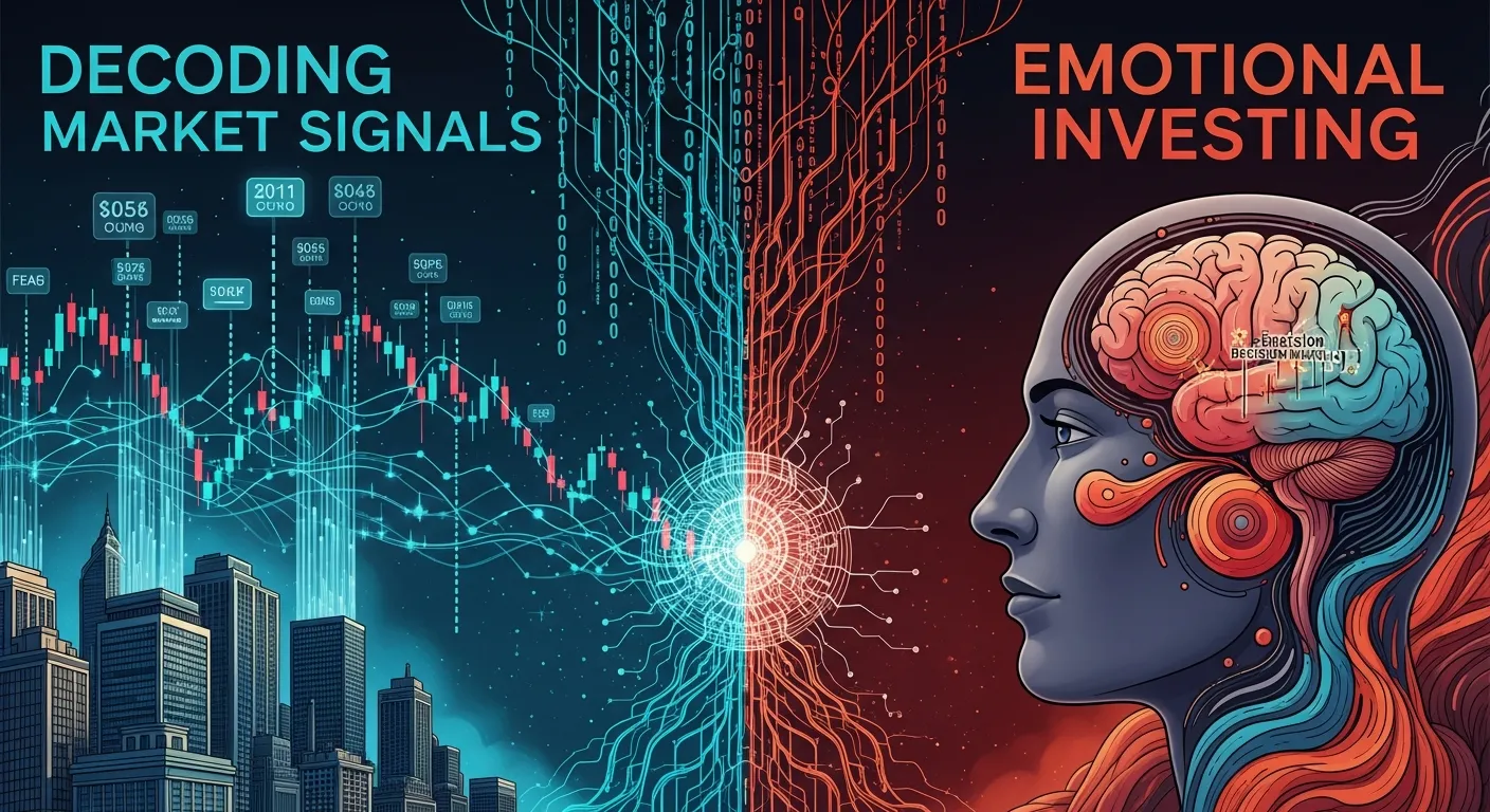 Illustration of an investor balancing fear and greed while analyzing stock market trends.