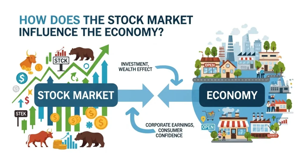 Illustration of a stock market graph with rising and falling trends, symbolizing the connection between the Stock Market Influence
