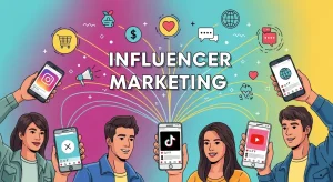 Illustration of a diverse group of social media influencers creating content on various platforms like Instagram, YouTube, and TikTok, showcasing products and engaging with their audiences