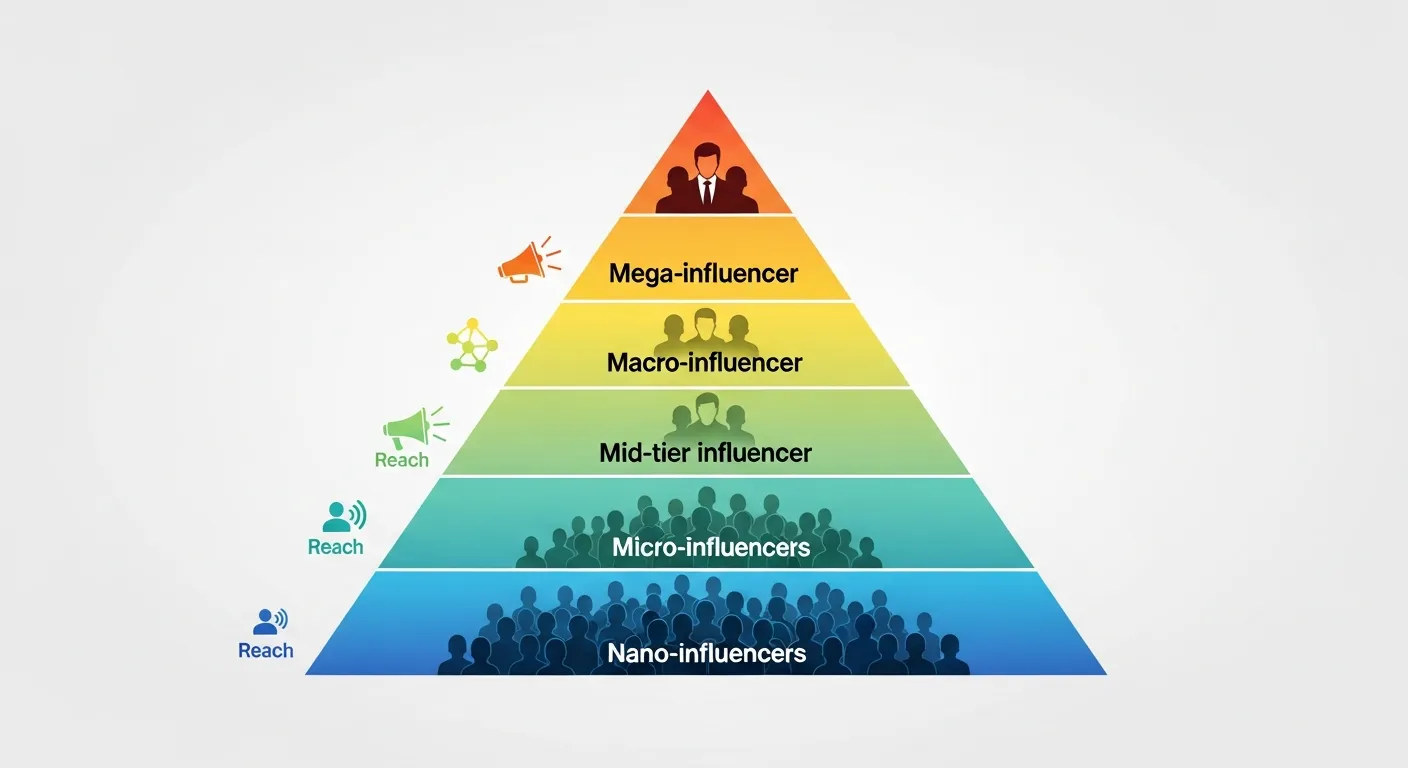 Illustration of influencer tiers, from nano to mega influencers, showcasing their follower counts and engagement levels.