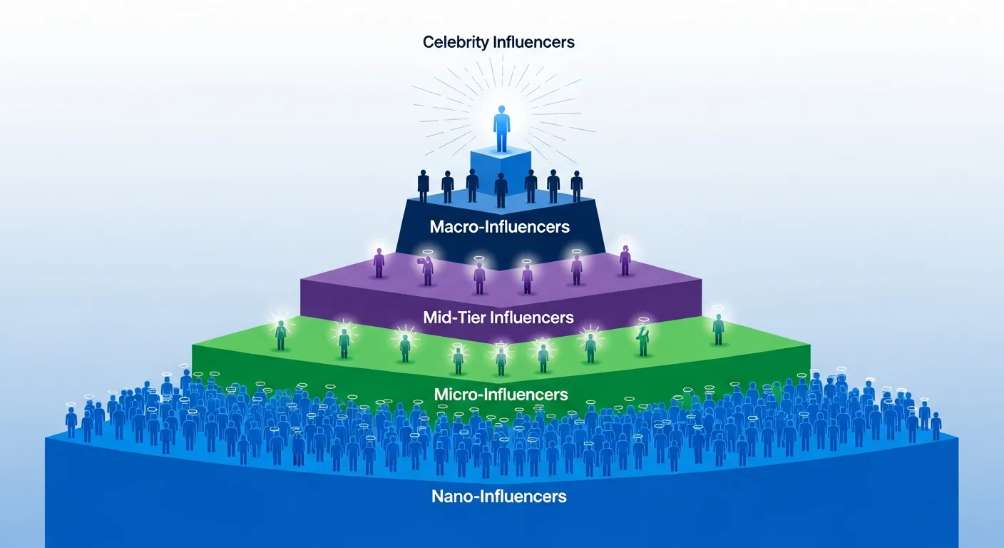 A table showcasing influencer tiers, from nano-influencers to mega-influencers, with follower counts and campaign benefits.