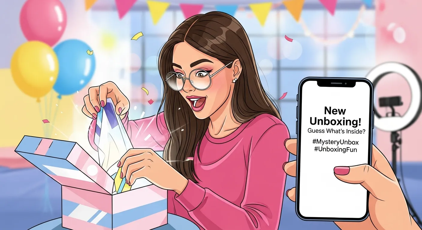 An influencer unboxing a mystery product with a teaser caption.