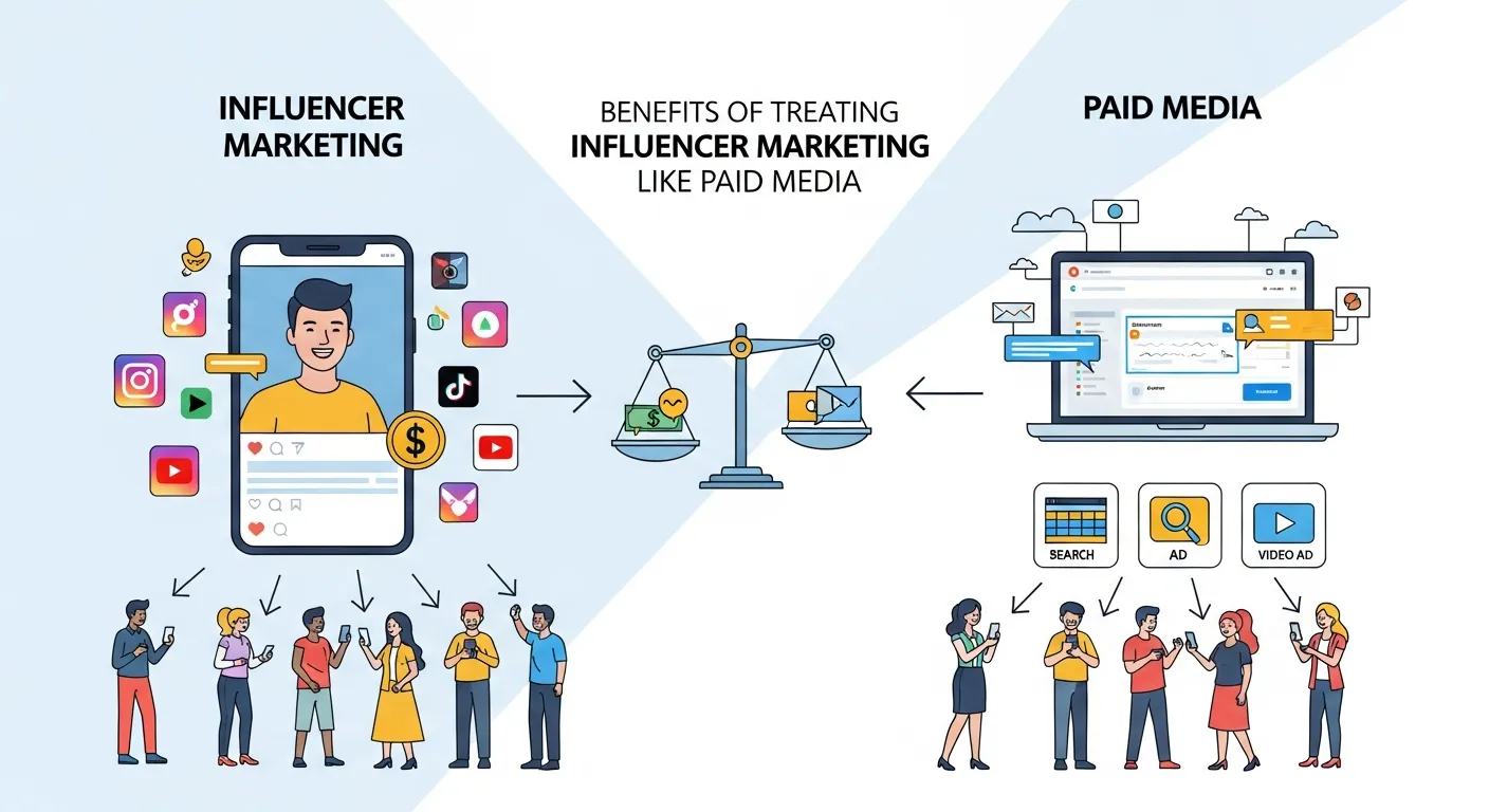 Visual representation of benefits like measurable ROI, scalable reach, and impactful storytelling achieved through influencer marketing as part of paid media