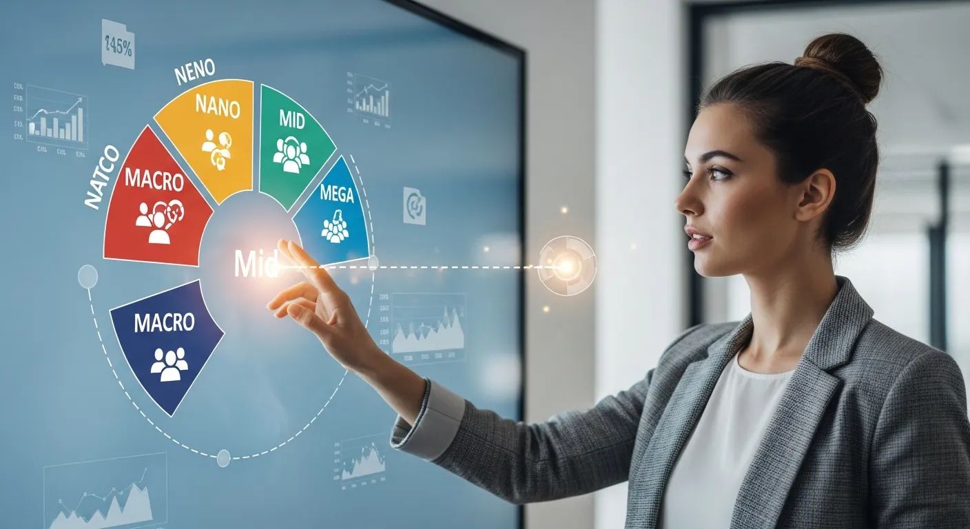 Comparison chart showing influencer tiers from nano to mega with follower counts, engagement rates, and ideal campaign goals.