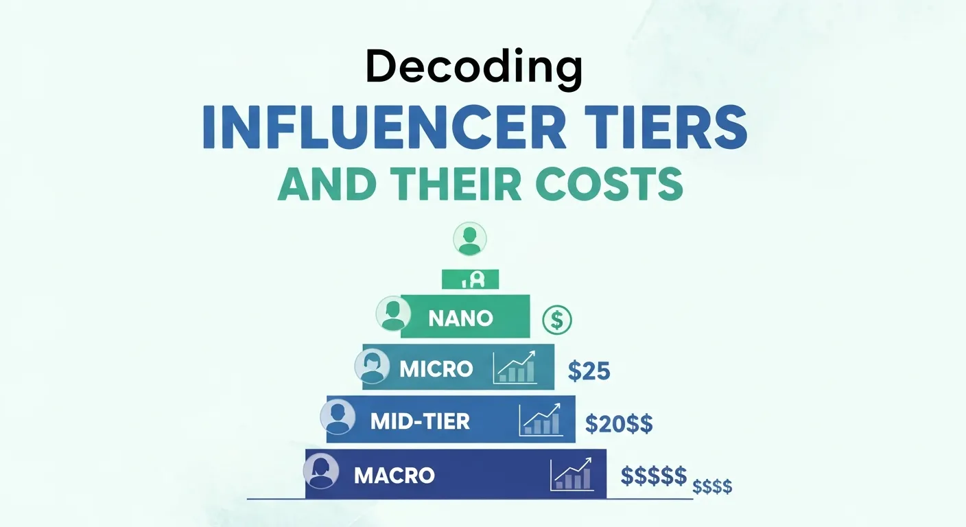 Visual representation of influencer tiers, from Nano to Mega, with follower counts and cost ranges