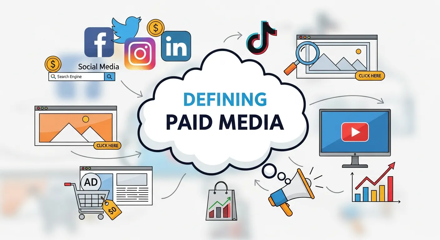 Illustration of paid media channels, including search engine ads, social media ads, and display banners, showcasing their role in digital marketing