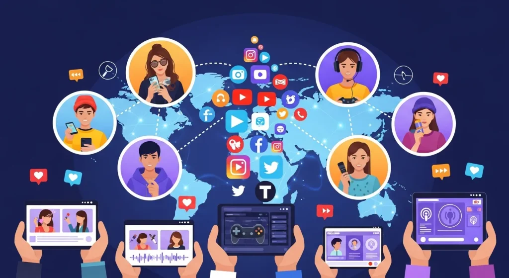 Illustration of diverse influencers collaborating on social media platforms, showcasing content creation, audience engagement, and brand promotion