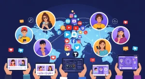 Illustration of diverse influencers collaborating on social media platforms, showcasing content creation, audience engagement, and brand promotion