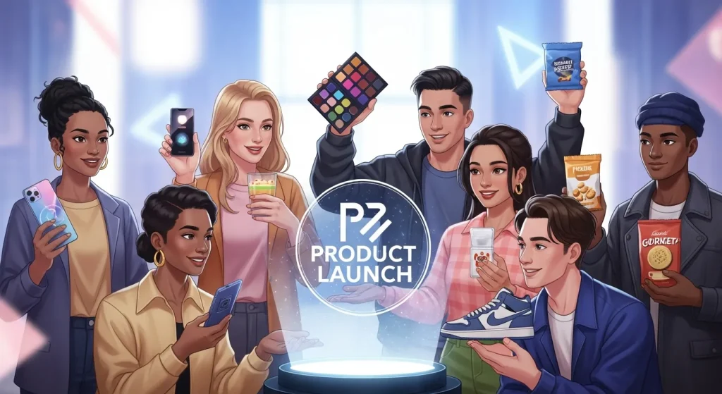 An engaging visual of Influencer Marketing for Product Launch across social media platforms, showcasing trust, authenticity, and audience engagement