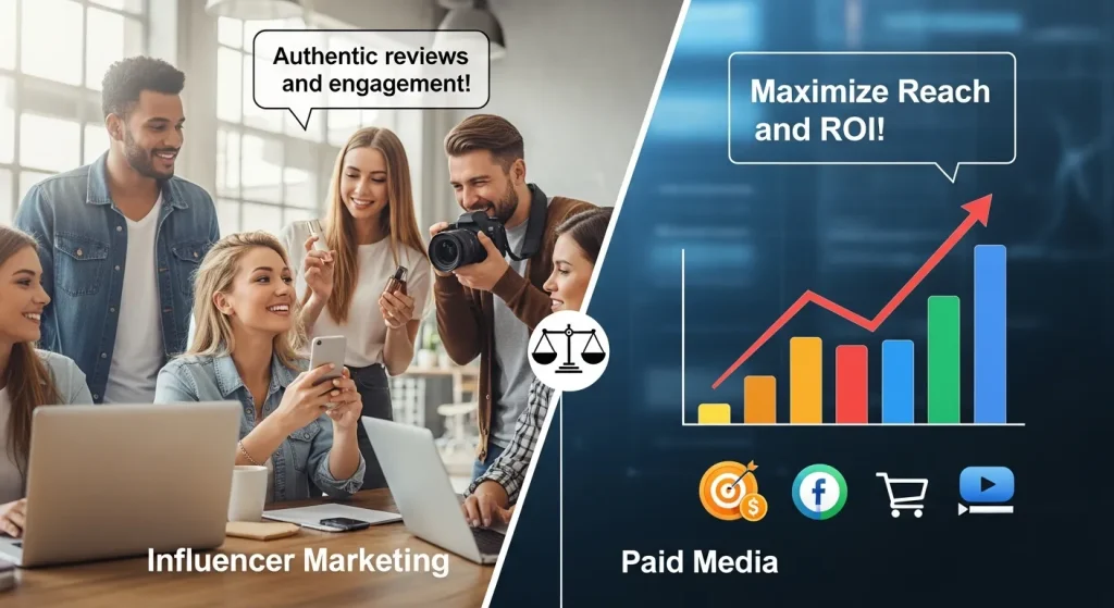 A modern illustration showcasing Influencer Marketing vs Paid Media, featuring social media icons, a megaphone, and a handshake symbolizing collaboration in digital strategies.