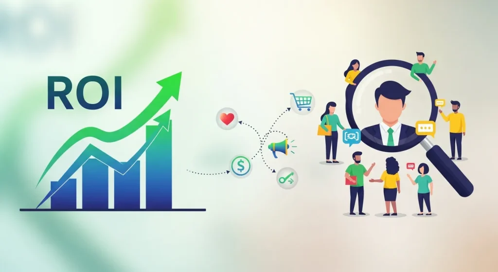 Illustration of influencer marketing ROI with graphs, social media icons, and a handshake symbolizing collaboration and growth