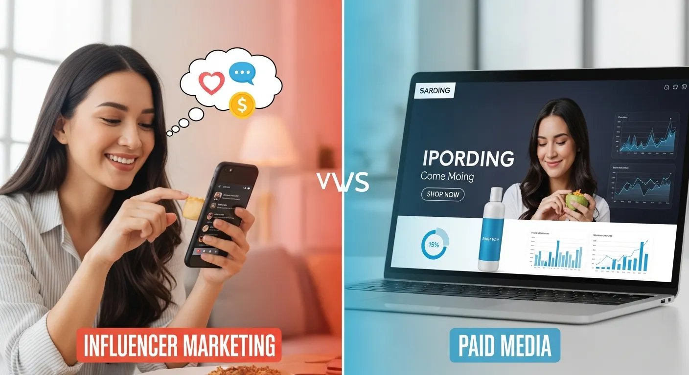 Side-by-side comparison chart of Influencer Marketing and Paid Media, highlighting differences in control, audience trust, and scalability.