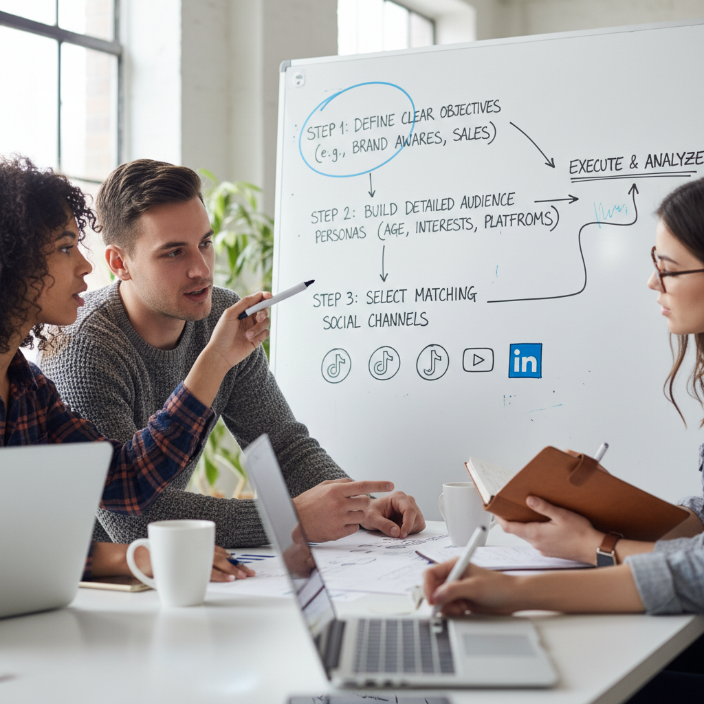 A strategic roadmap diagram for planning an influencer campaign: step 1 define clear objectives (e.g., brand awareness, sales), step 2 build detailed audience personas (age, interests, platforms), step 3 select matching social channels (Instagram, TikTok, YouTube, LinkedIn) with platform logos and timeline arrows