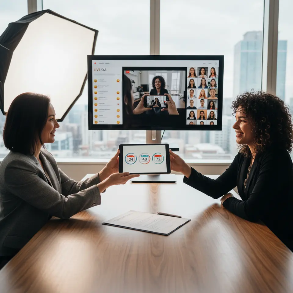 A dynamic scene illustrating the influencer takeover process: a brand’s social media manager physically ‘handing over’ a smartphone or tablet to an influencer, with calendar icons showing a 24–72 hour timeframe, a content brief document on the desk, and a split-screen view of live Q&A, behind-the-scenes filming, and real-time audience reactions.