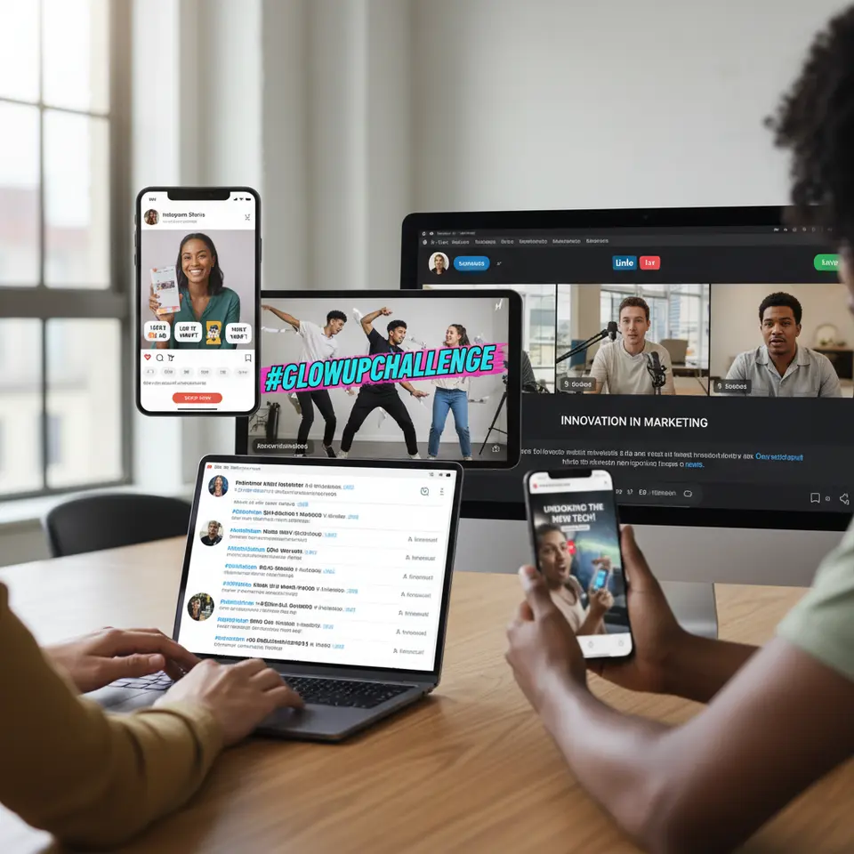 A vibrant collage showcasing multiple takeover formats and platforms: an Instagram Stories frame with poll stickers and swipe-up link, a looping TikTok challenge video with branded hashtag overlay, a live Twitter chat feed with trending hashtag, a LinkedIn/Facebook Live video panel discussion, and a YouTube unboxing vlog thumbnail—all arranged together to highlight each platform’s unique visual style.