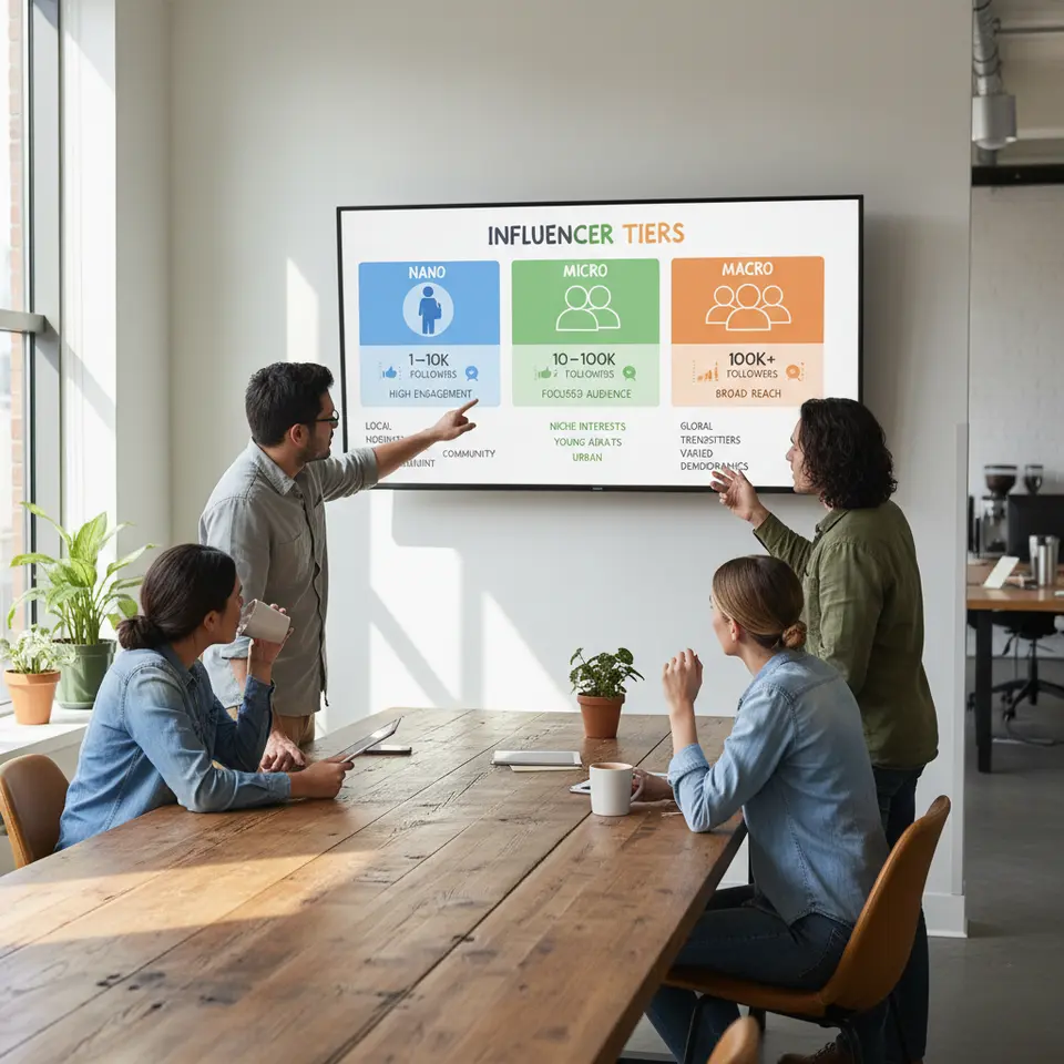 A colorful infographic showing the three influencer tiers—nano (1–10K followers), micro (10–100K), and macro (100K+). Include stylized avatars or silhouettes for each tier, follower-count labels, engagement rate bars or icons (likes, comments), and demographic tags (age, location, interests) to illustrate how each tier reaches different niche audiences.