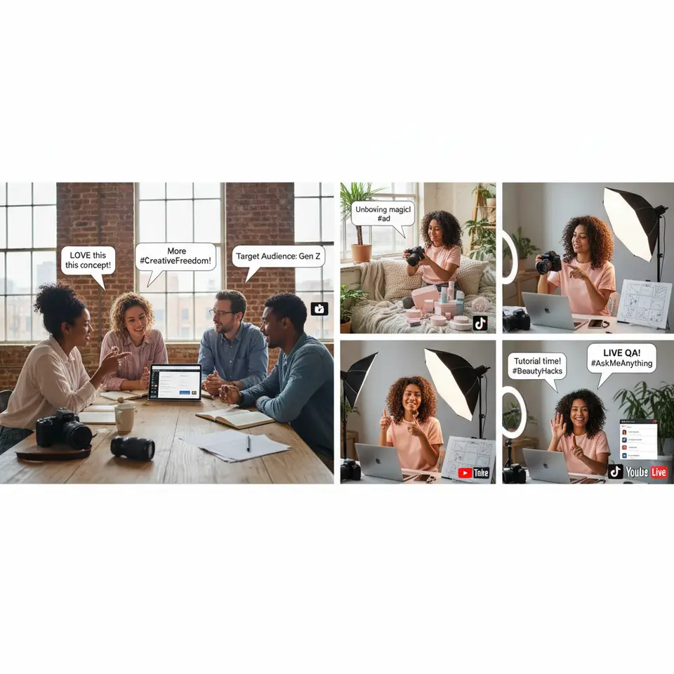 A dynamic scene of the authentic campaign workflow: an influencer and brand team collaborating over a brief, followed by story-driven content creation (unboxing video, tutorial reel, live Q&A). Show speech bubbles with key messages, #ad disclosures, creative-freedom elements (camera, smartphone, storyboard), and platform icons (Instagram, TikTok, YouTube) to capture the co-creation process.