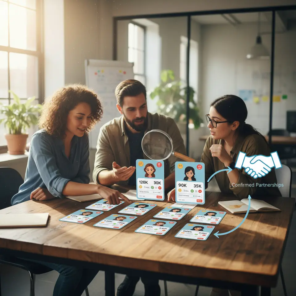 A dynamic vetting workflow for finding and engaging ideal ambassadors: visualize a brand team examining influencer profile cards—each card shows an avatar, follower counts, engagement metrics (likes, comments), and sentiment icons. Include a magnifying glass hovering over top micro- and mid-tier candidates, connected by arrows to a handshake icon representing confirmed partnerships.