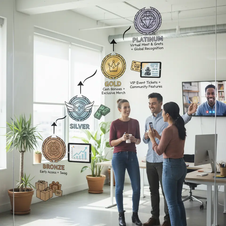 A tiered rewards ladder illustrating an ambassador program that drives engagement: depict four ascending levels (Bronze, Silver, Gold, Platinum) each marked with distinctive badge icons and vibrant colors. At each tier, show representative rewards—product gift boxes, monetary bonuses, exclusive experiences like VIP event tickets or virtual meet-and-greets—with arrows indicating progression from one level to the next.