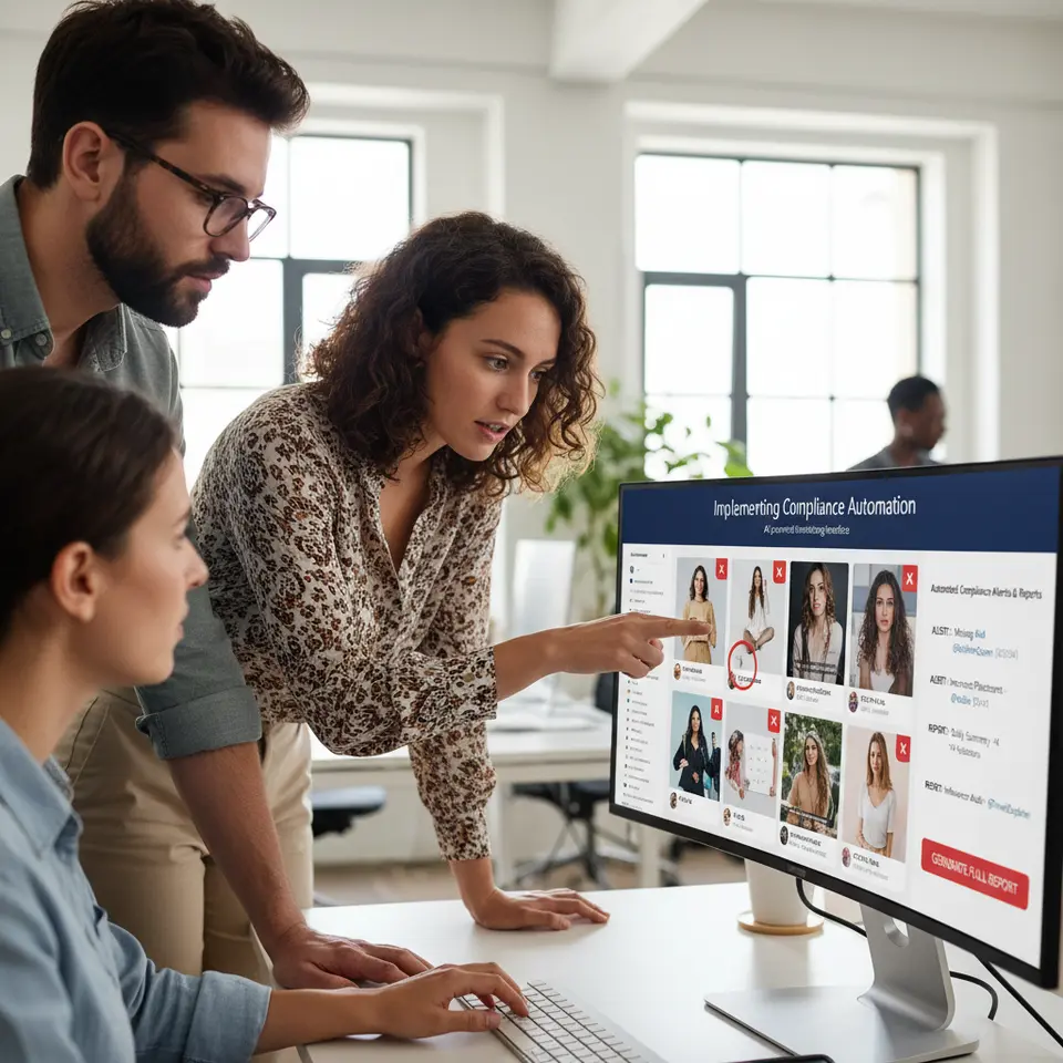 Implementing Compliance Automation: an AI-powered monitoring interface that scans influencer posts in real time, highlights missing or incorrect #ad disclosures with red flag icons, and generates automated compliance alerts and reports.