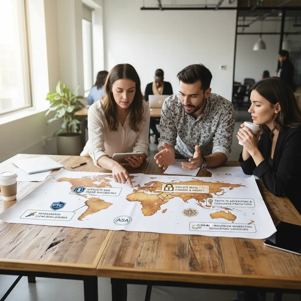 Global Influencer Marketing Regulatory Landscape: Design a stylized world map highlighting key regions—USA (FTC badge), EU (GDPR lock icon), UK (CMA crest), and an ASA emblem—with callout boxes detailing requirements like “#sponsored” disclosures, explicit data-consent banners, and truth-in-advertising rules.