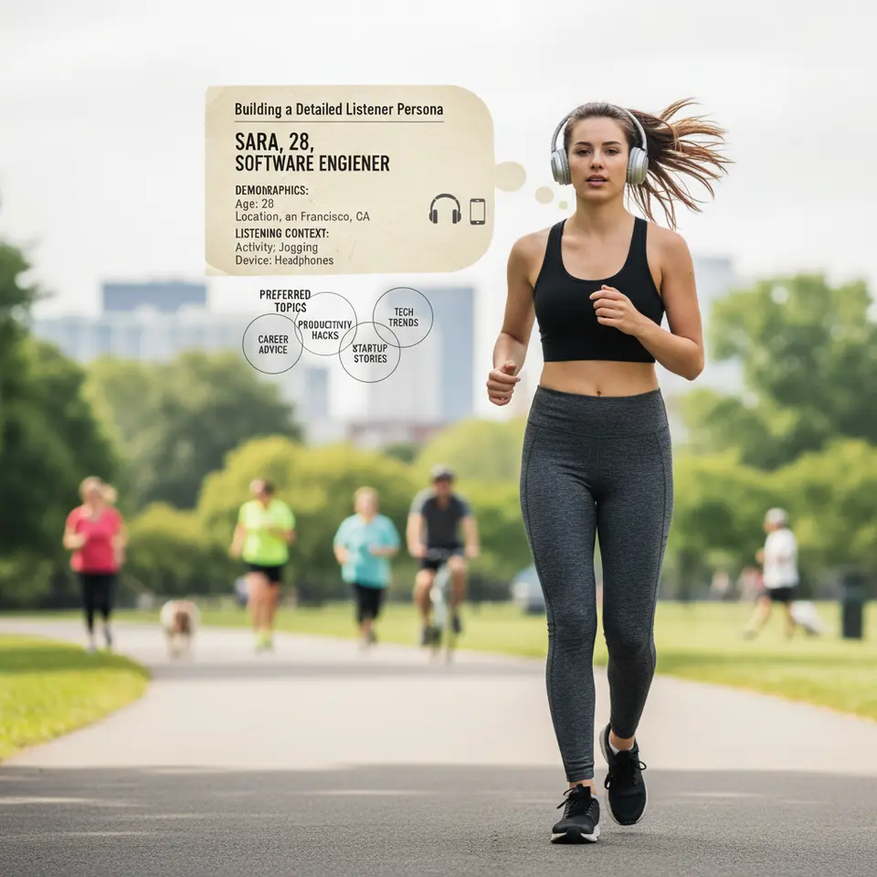Building a Detailed Listener Persona – an infographic-style card showing “Sara, 28, software engineer” with demographics (age, location), listening context (jogging with headphones), device icons, and preferred topics bubbles (career advice, tech trends)